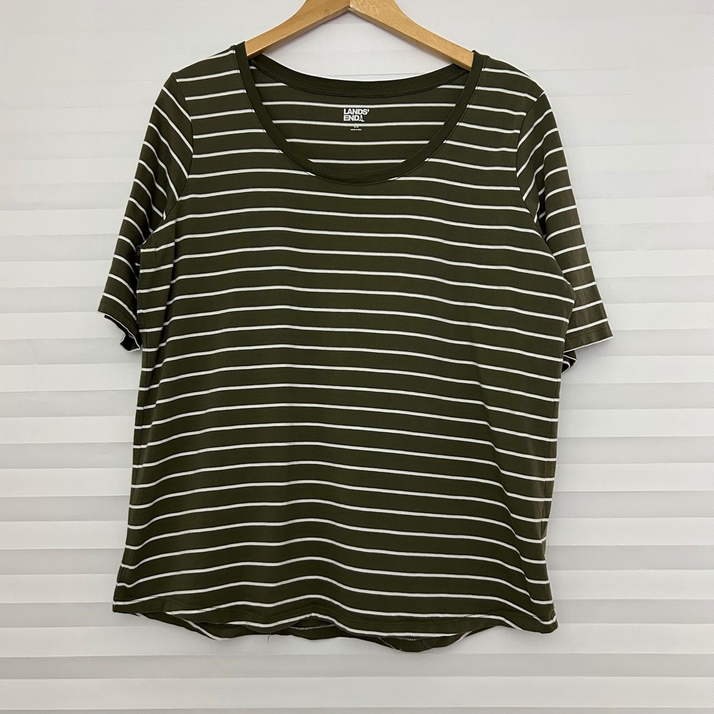Lands End Womens Olive Green White‎ Striped Short Sleeve Cotton Scoop Neck Tee L